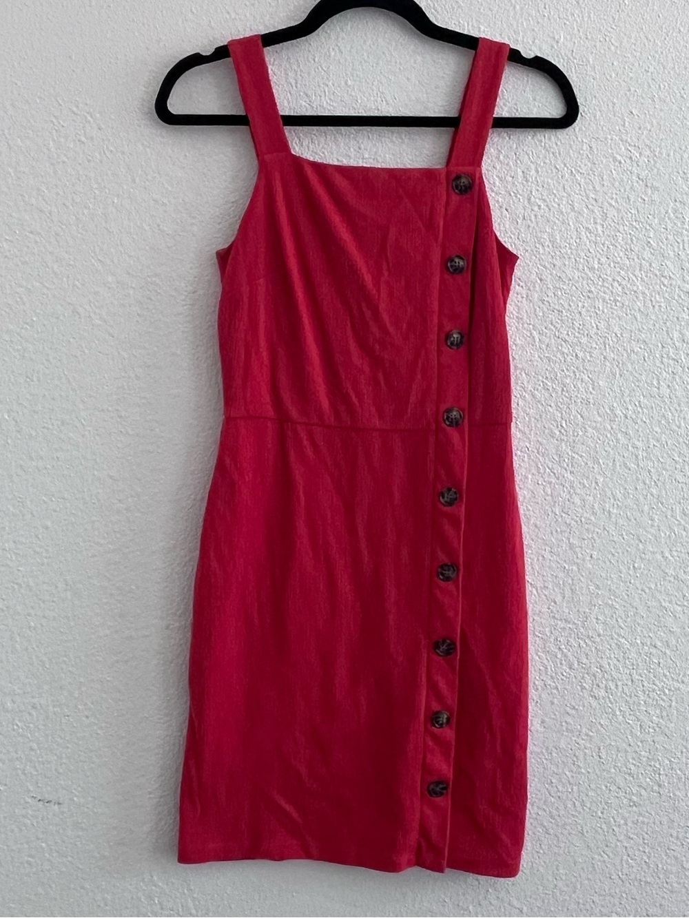 Square-Neck Mini Dress with Side Button Trim in Fuchsia